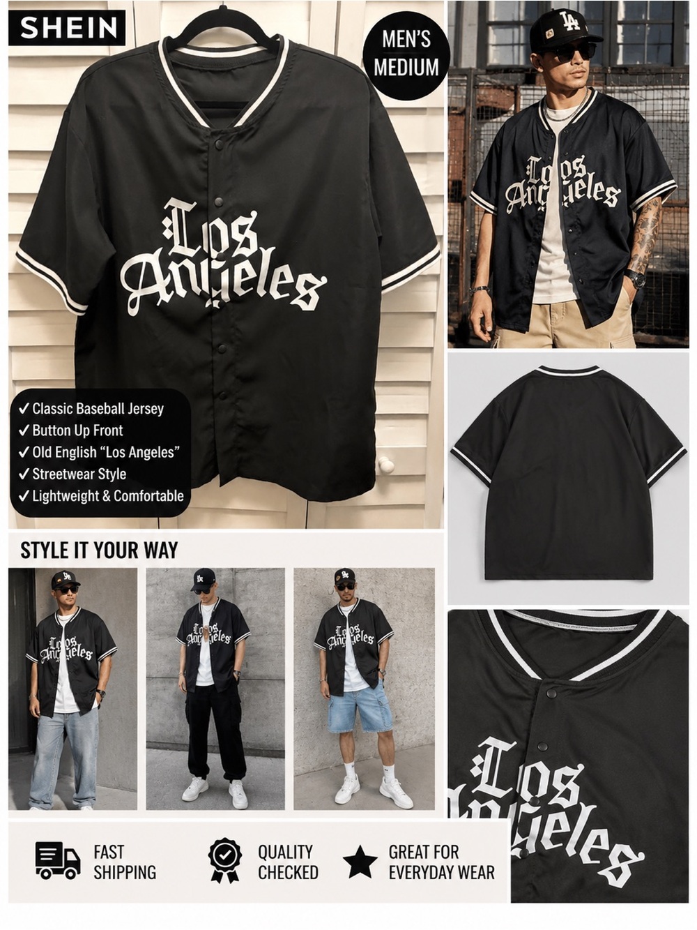 SHEIN Baseball Jersey Mens Medium Los Angeles Black White Old English Streetwear